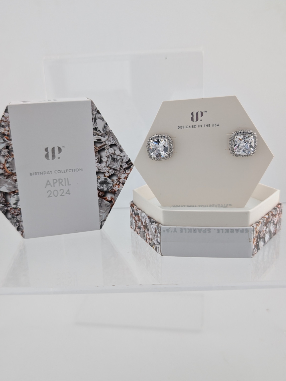 SP™ April Birthstone Cushion Halo Stud Earrings in Clear and Silver